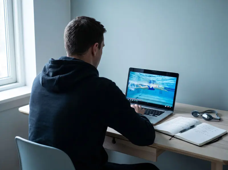 An athlete reviewing underwater swimming technique footage on a laptop