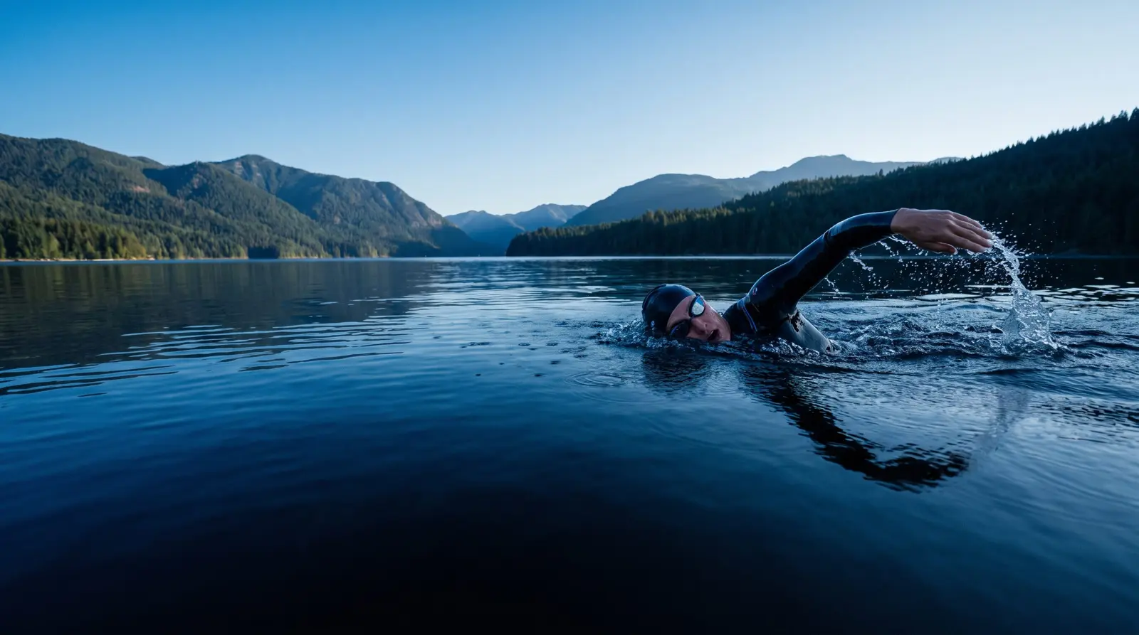 A swimmer in a wetsuit powering through deep blue open water with forested mountains in the distance